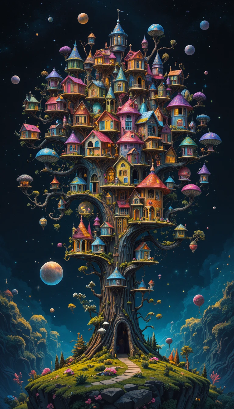 Whimsical treehouse village in a vibrant fantasy tree