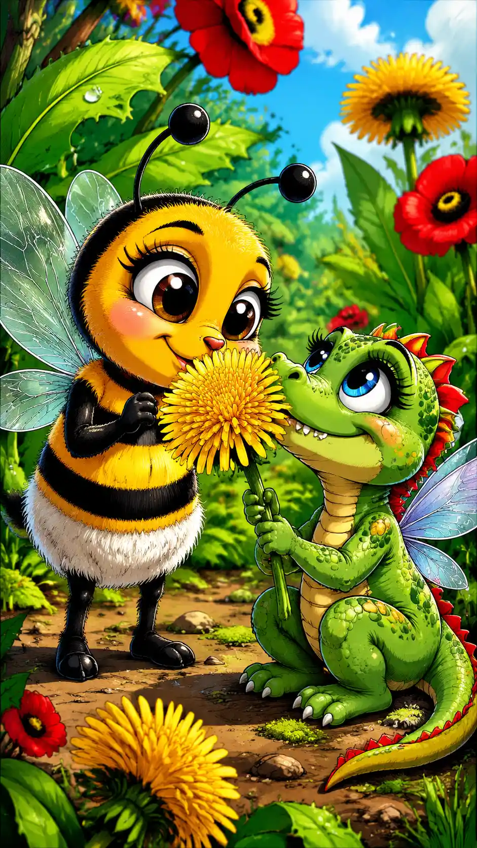 Cute cartoon bee sniffing a bright dandelion flower