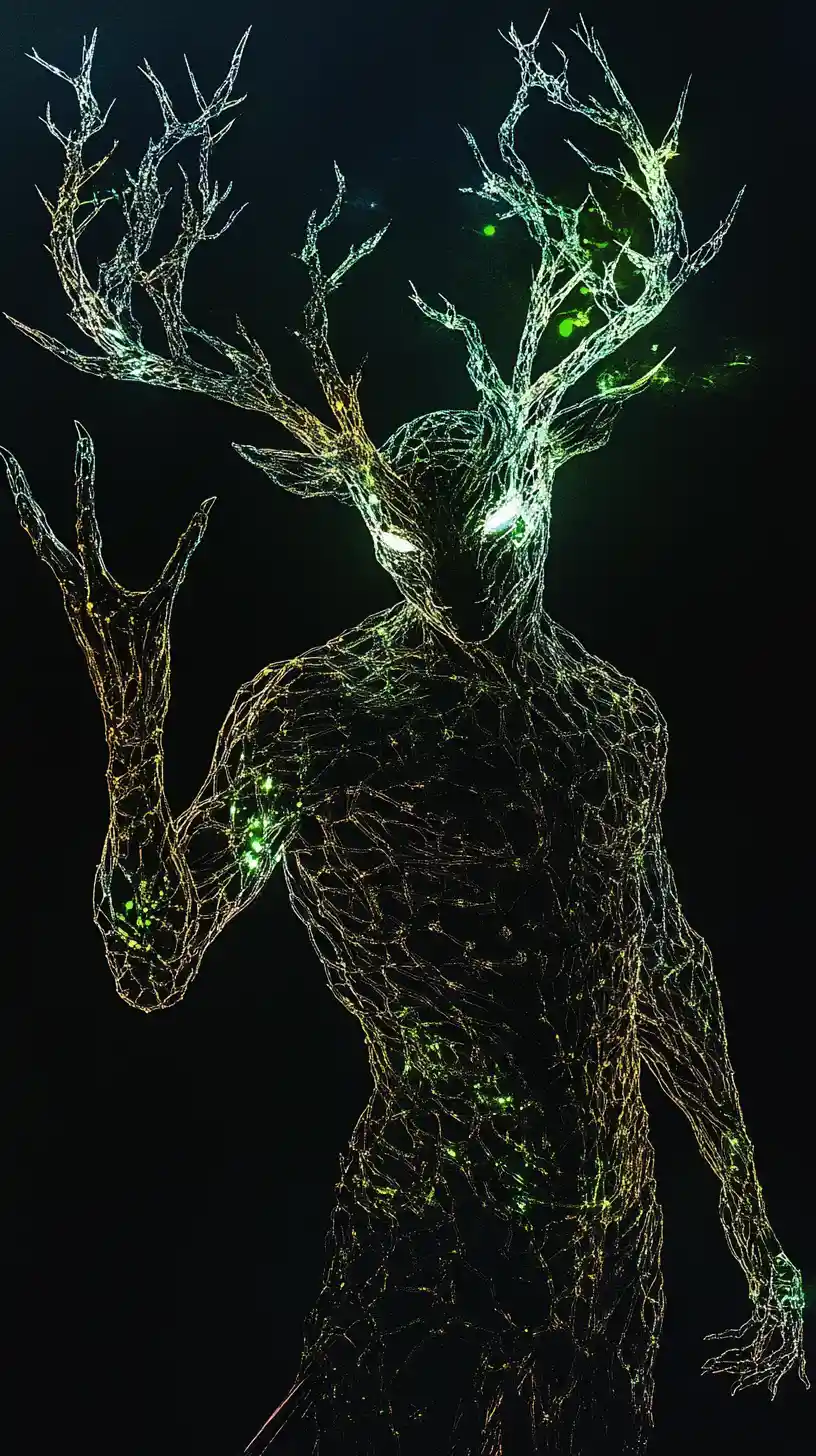 Mystical forest guardian with antlers in shadowy silhouette