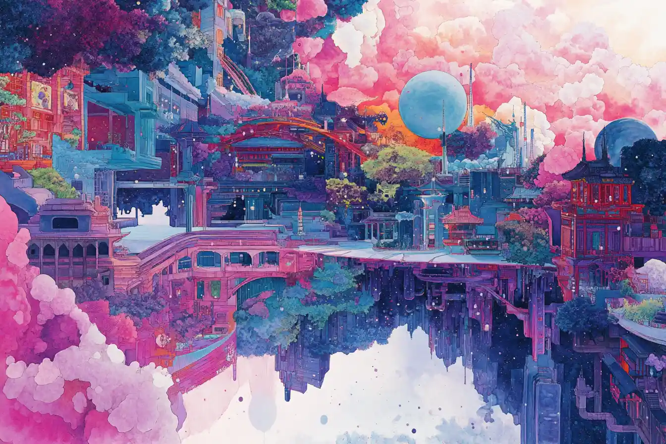 Surreal collage blending anime and k pop dream imagery