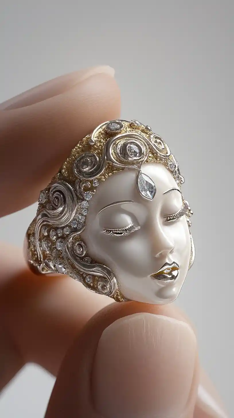 Close up platinum face ring on spread human fingers
