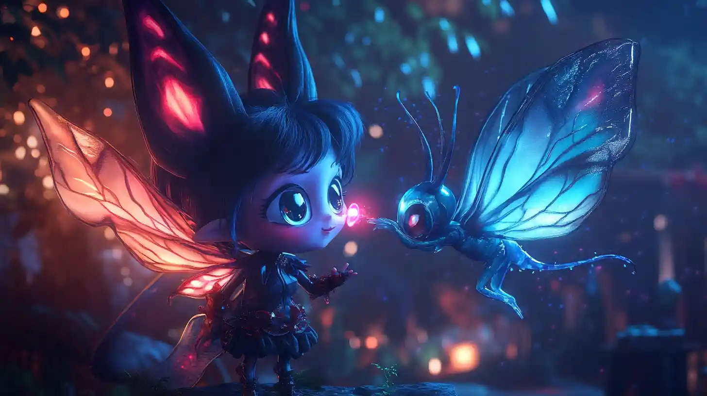 Demon girl blowing a toxic glowing kiss to a tiny pixie