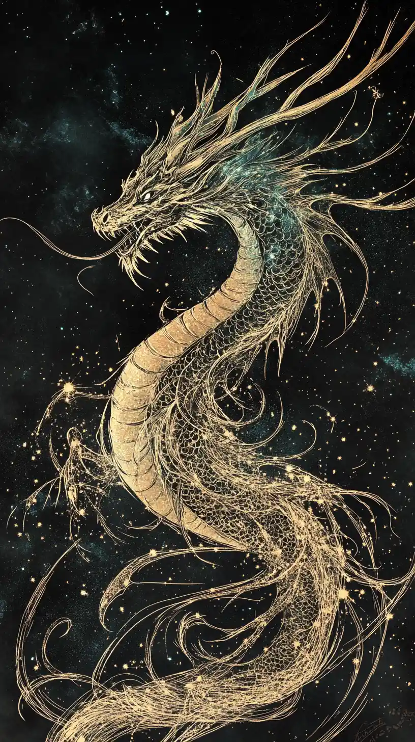 Celestial dragon of constellations emerging from a cosmic void