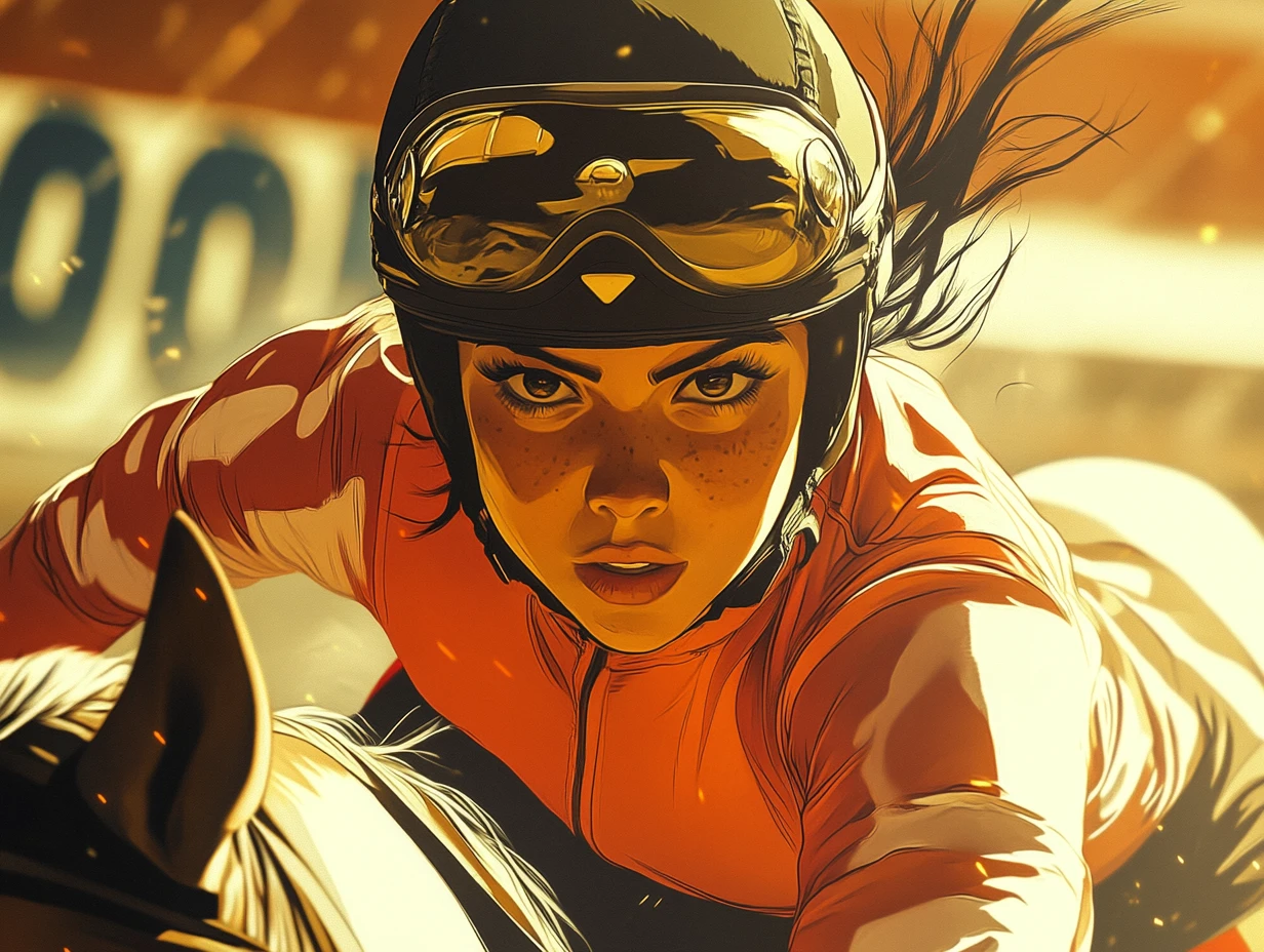 Ilustración en primerísimo plano de una jinete mujer montando