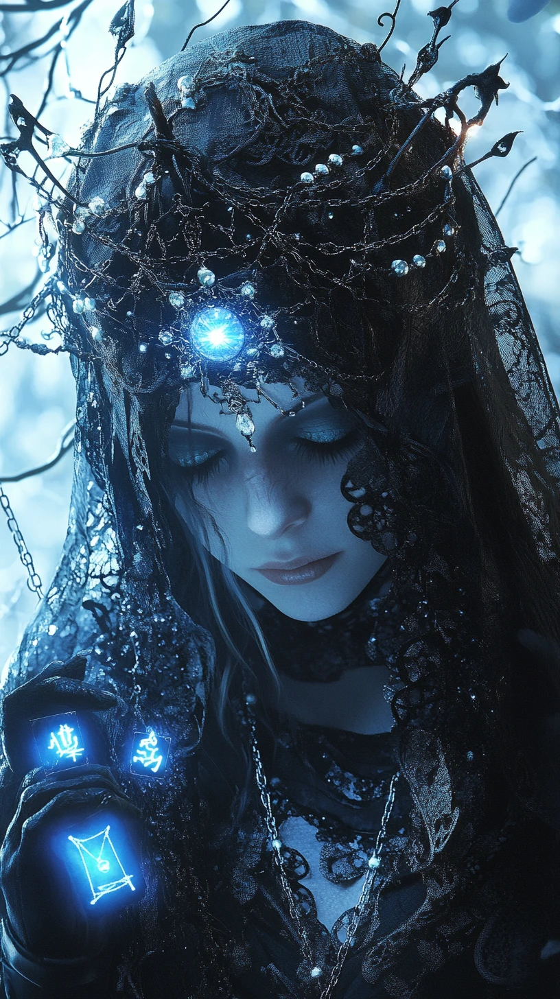 Veiled gothic seer before a glowing arcane card