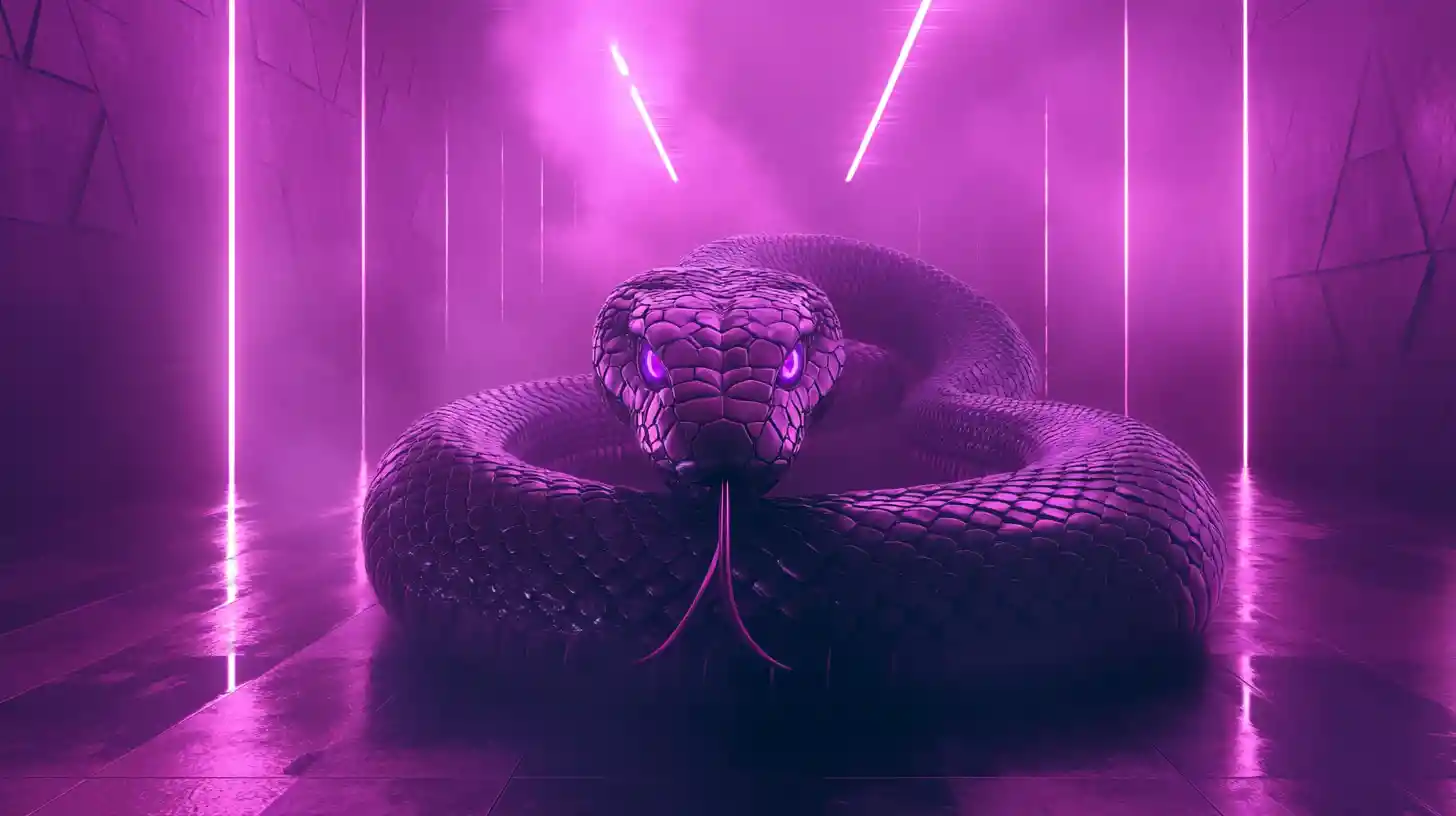 Serpente con scaglie luminose in corridoio buio illuminato al neon