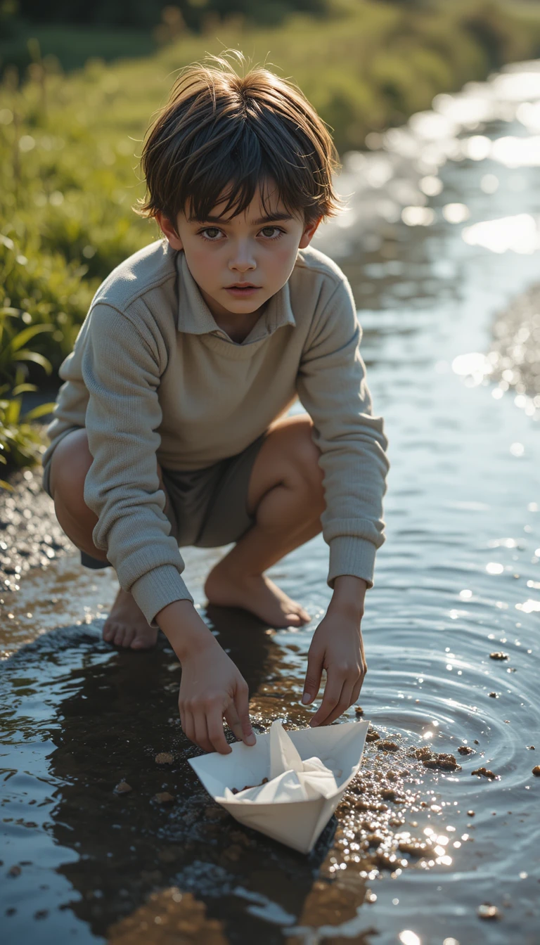 Boy launching a paper boat in a small reflective stream