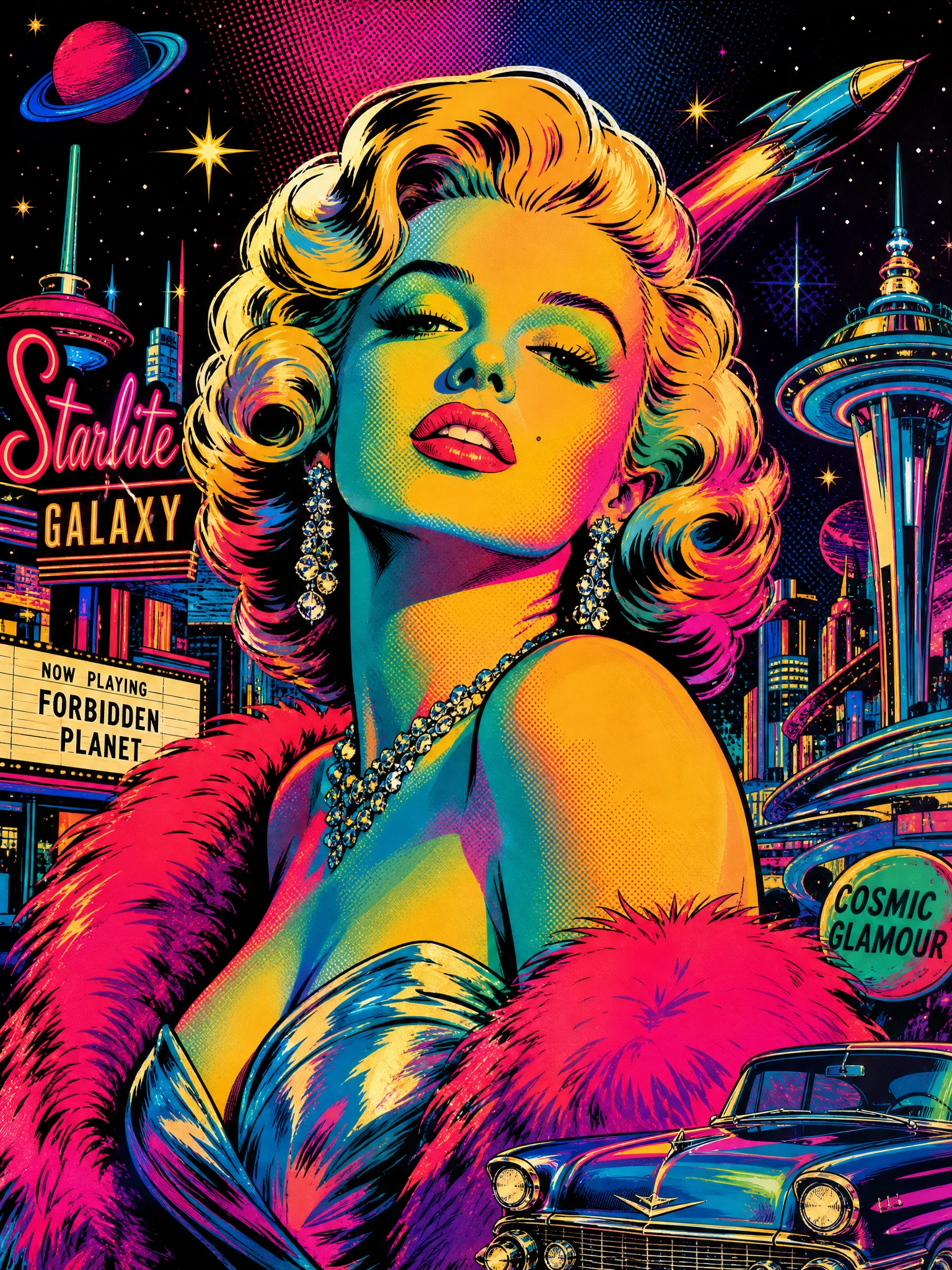 Vintage Hollywood woman in a neon futuristic dreamscape