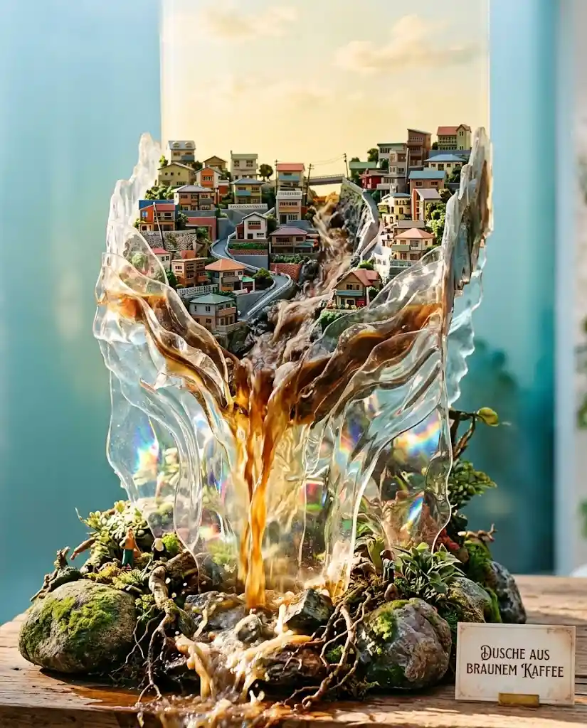 Translucent plastic sculpture of a coffee waterfall over houses