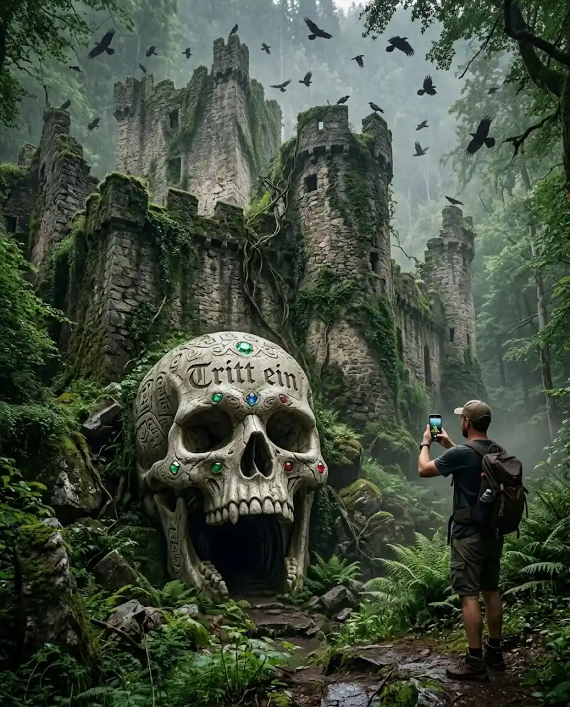 Ancient forest castle ruins with skull entrance and vines