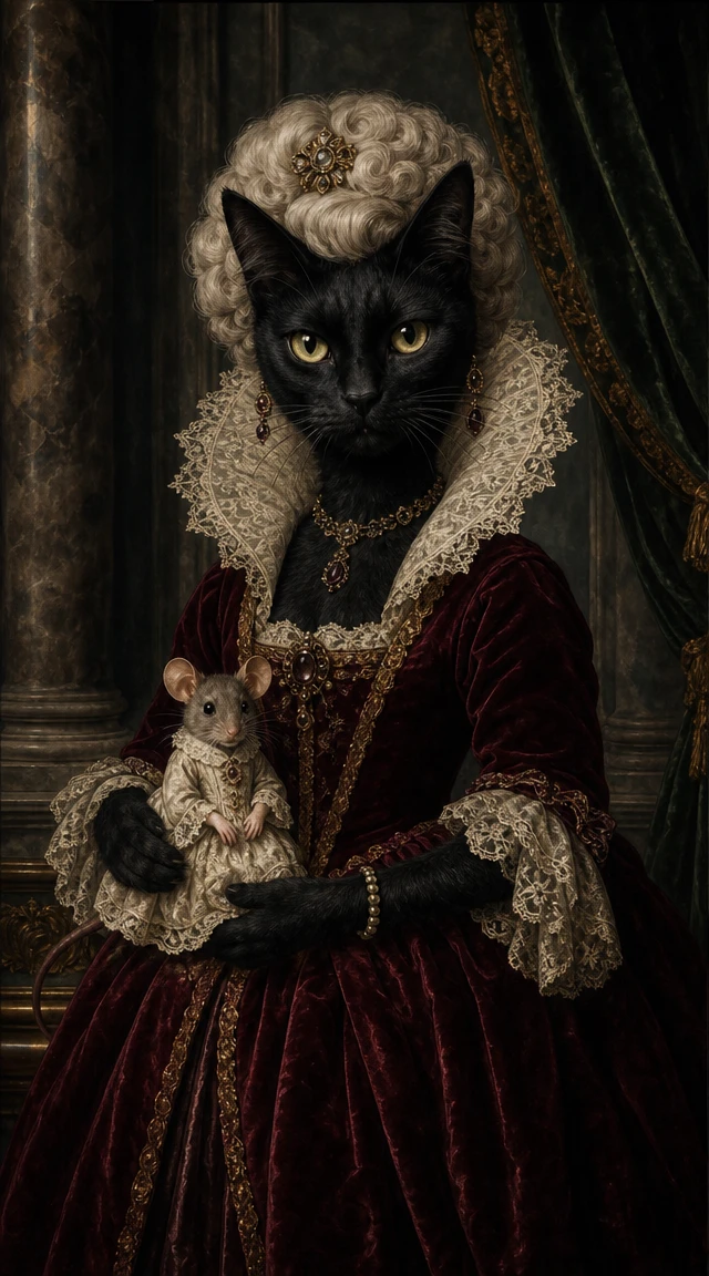 Aristocratic black cat lady in Flemish oil portrait