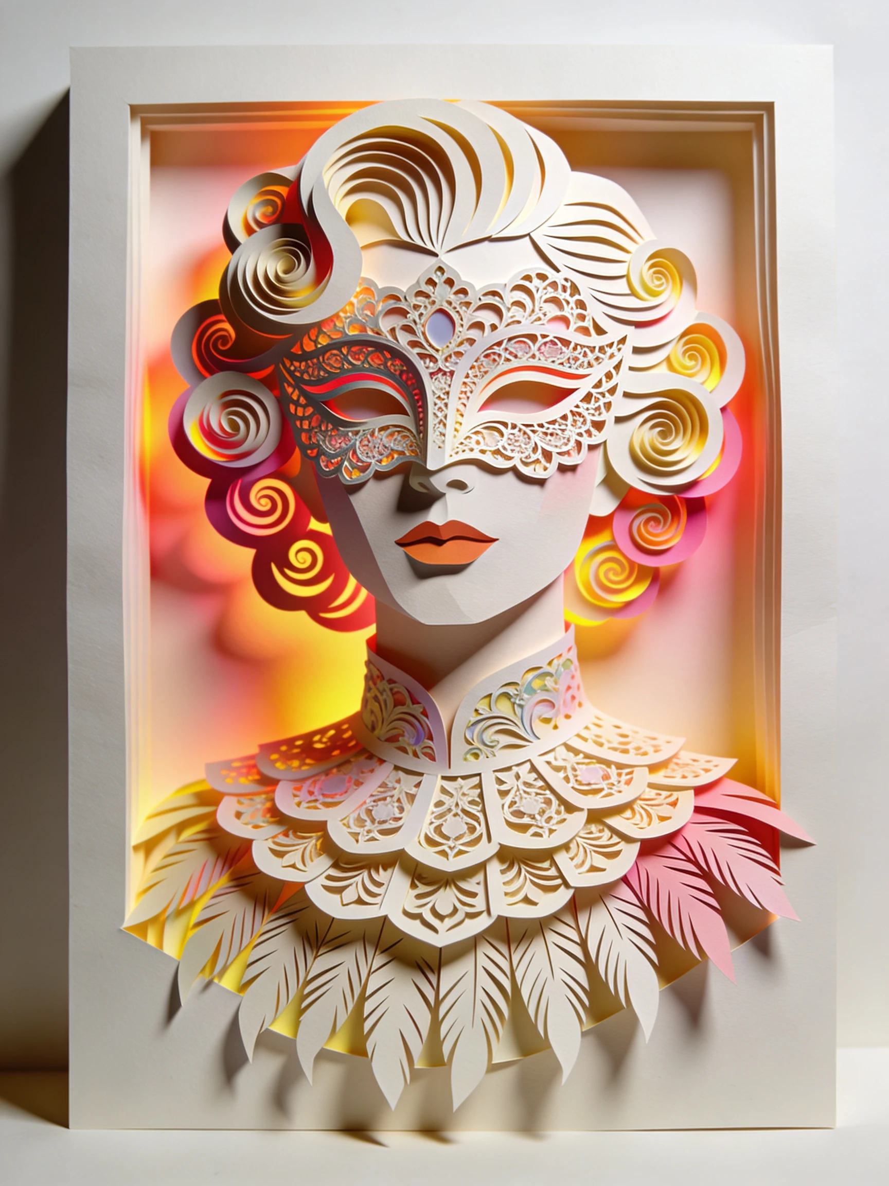 Escultura de papel 3D colorida de un rostro humano ornamental