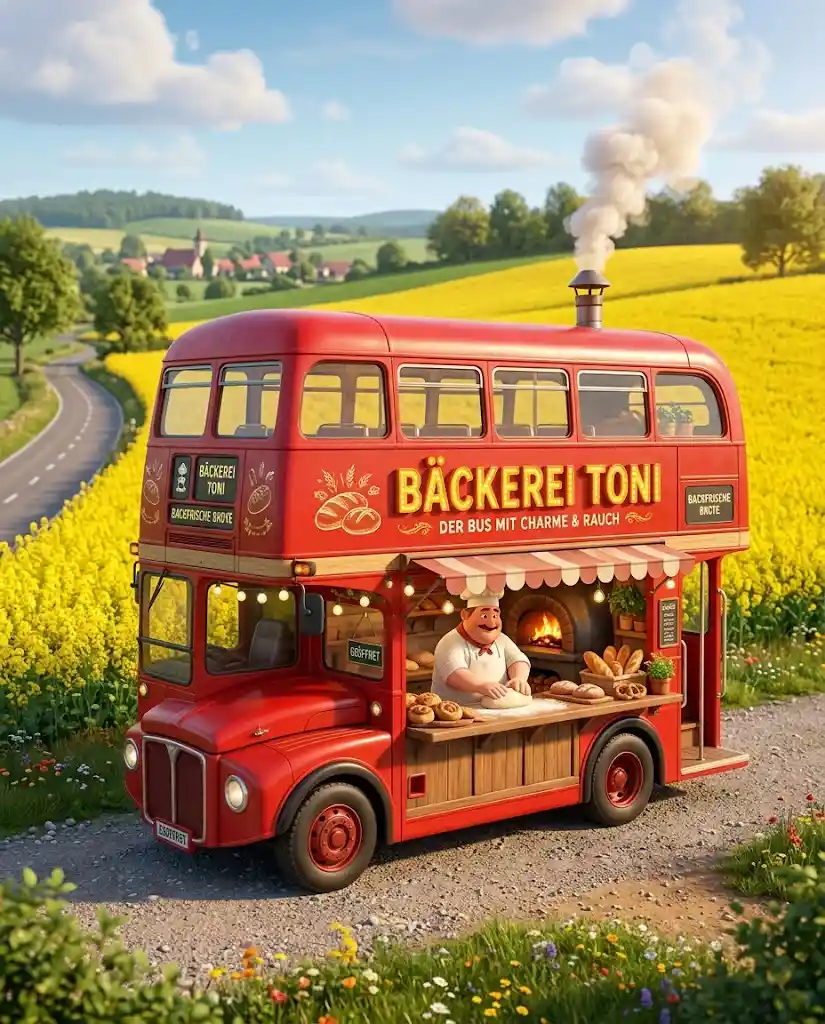 Red double decker bus bakery on a sunny country road