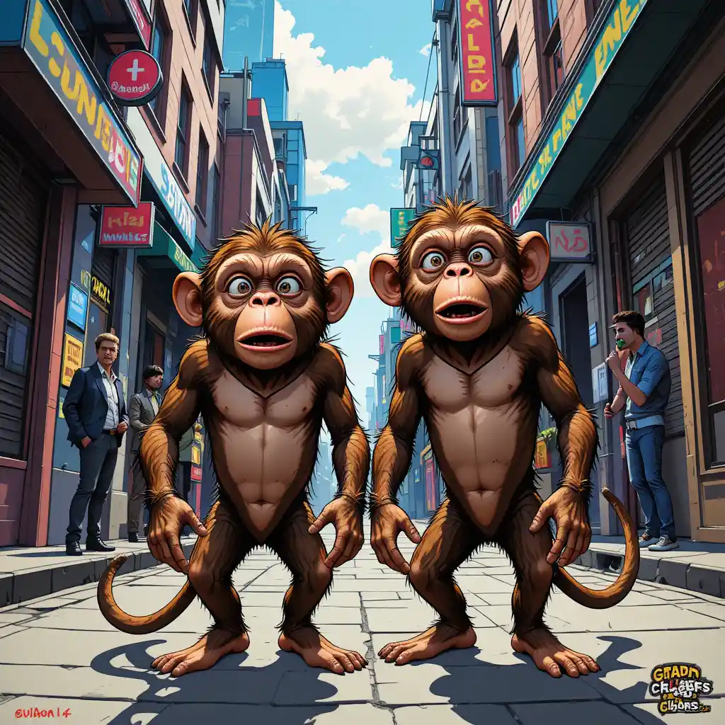 Two mischievous monkeys in a colorful city alleyway