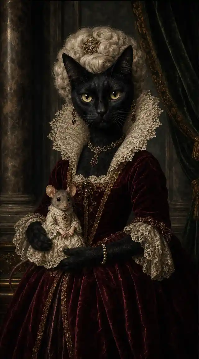 Aristocratic black cat lady in Flemish oil portrait