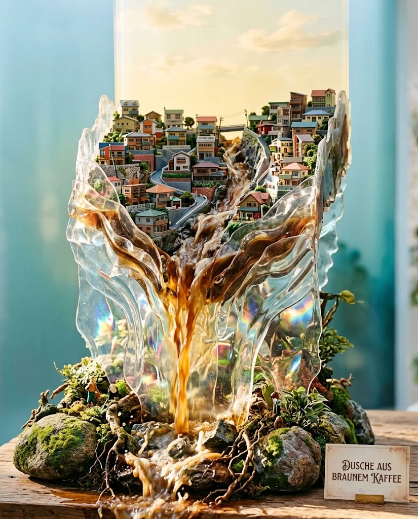 Translucent plastic sculpture of a coffee waterfall over houses