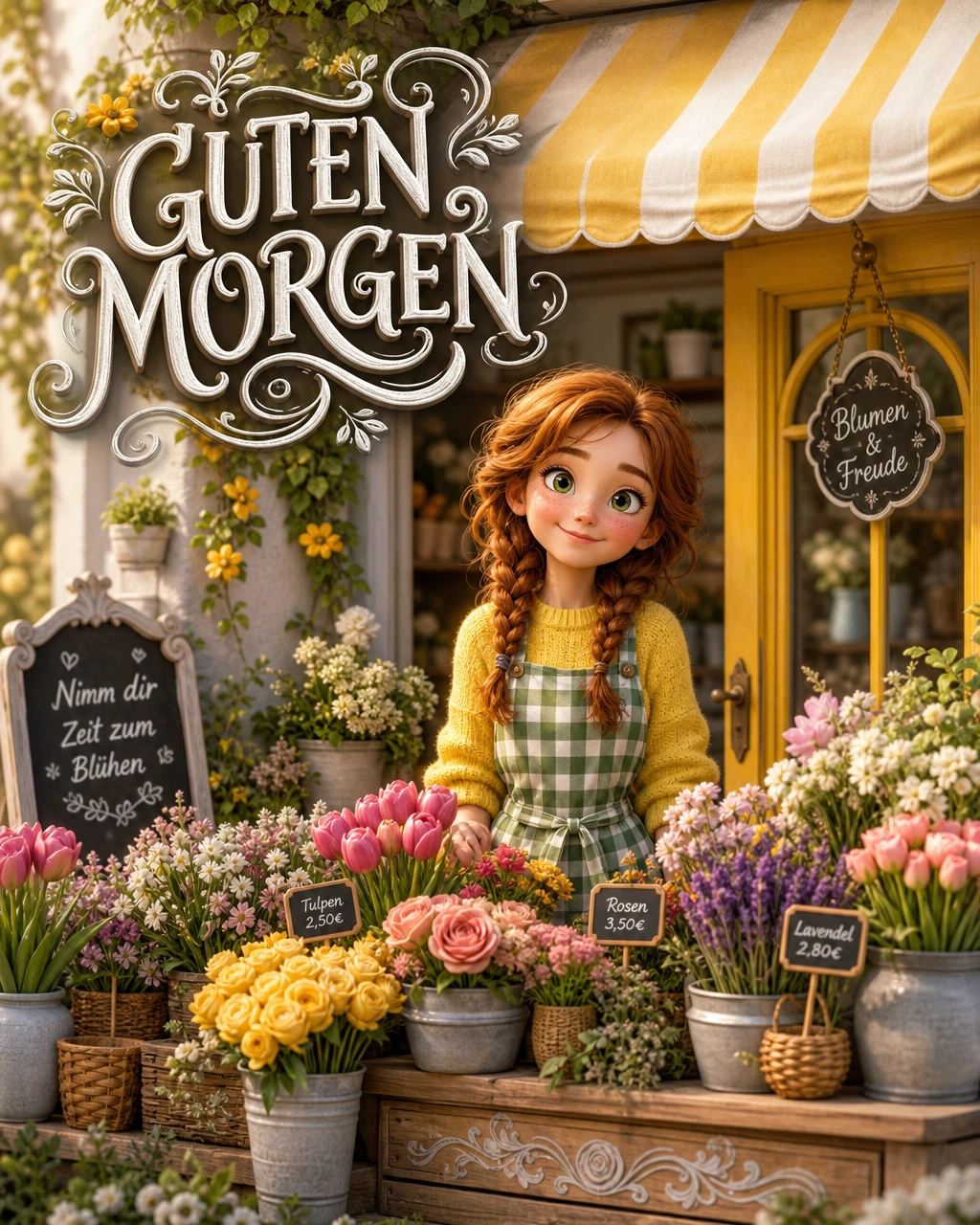 Floristería de estilo Disney Pixar con alegre saludo de buenos días