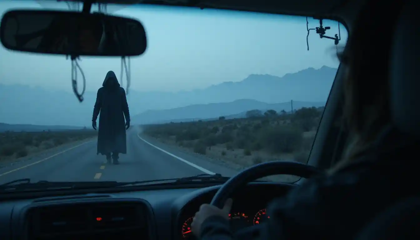 Lone car on deserted dusk road facing eerie dark figure