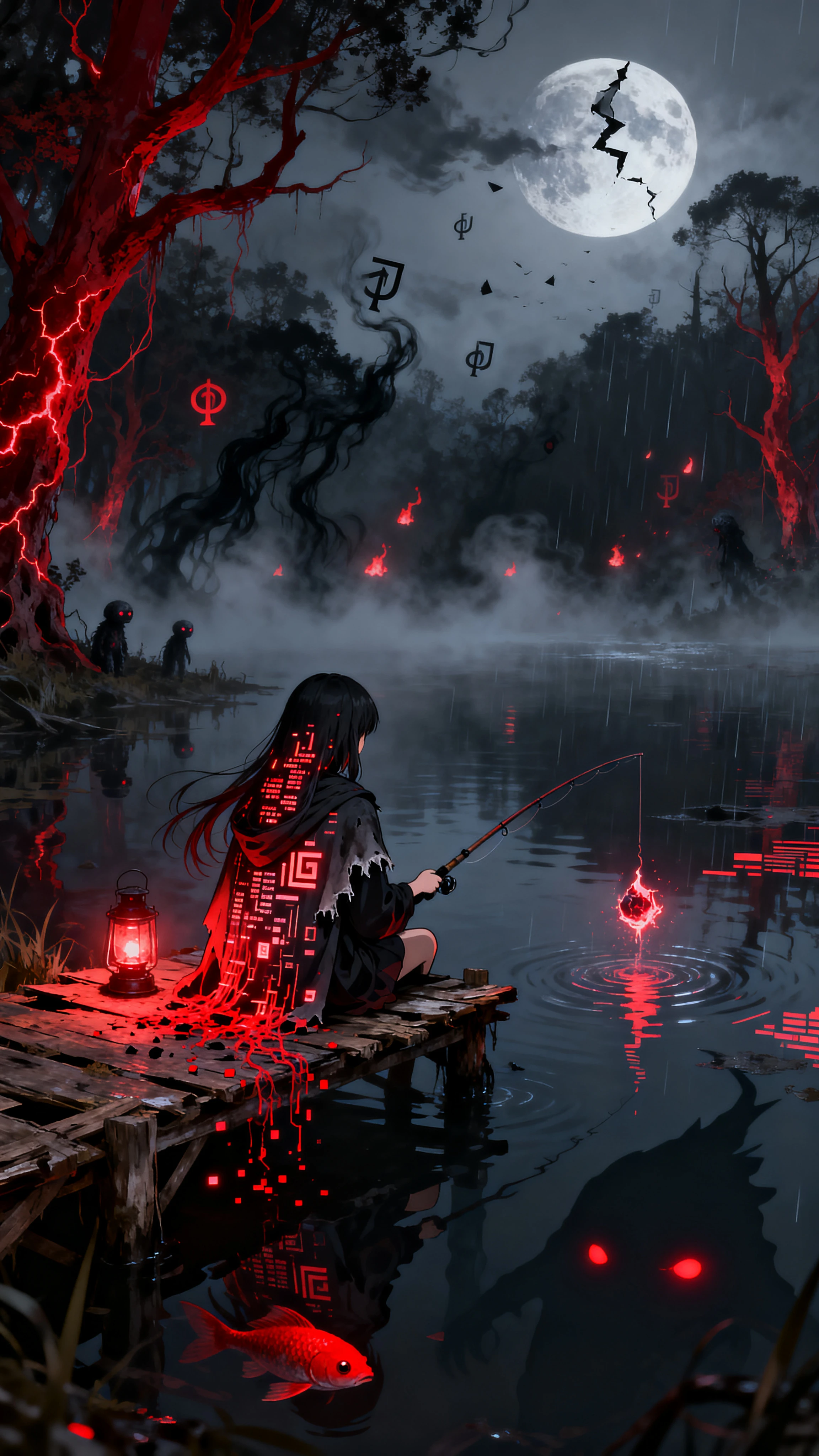 Misteriosa chica de anime pescando en un lago oscuro y corrompido