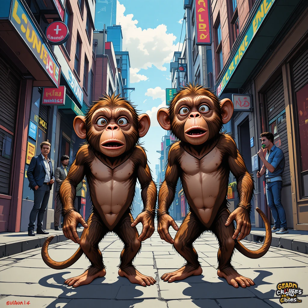 Two mischievous monkeys in a colorful city alleyway