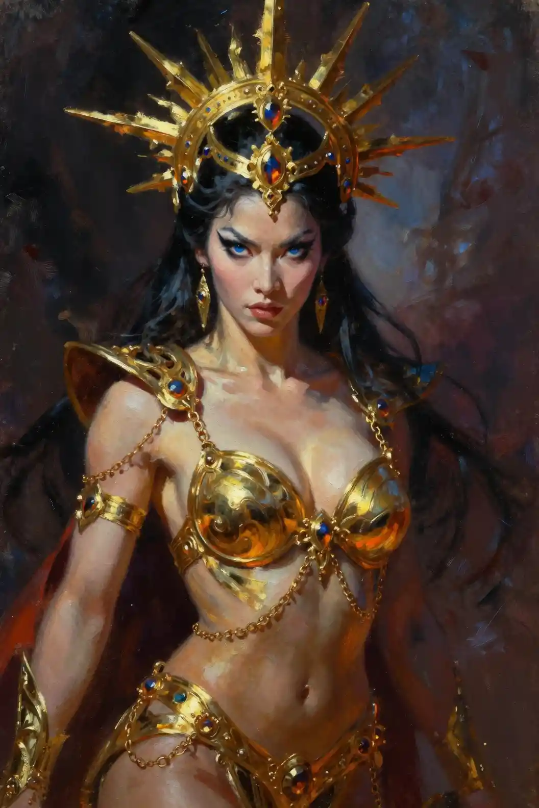 Regal fantasy warrior queen in gilded sunburst armor