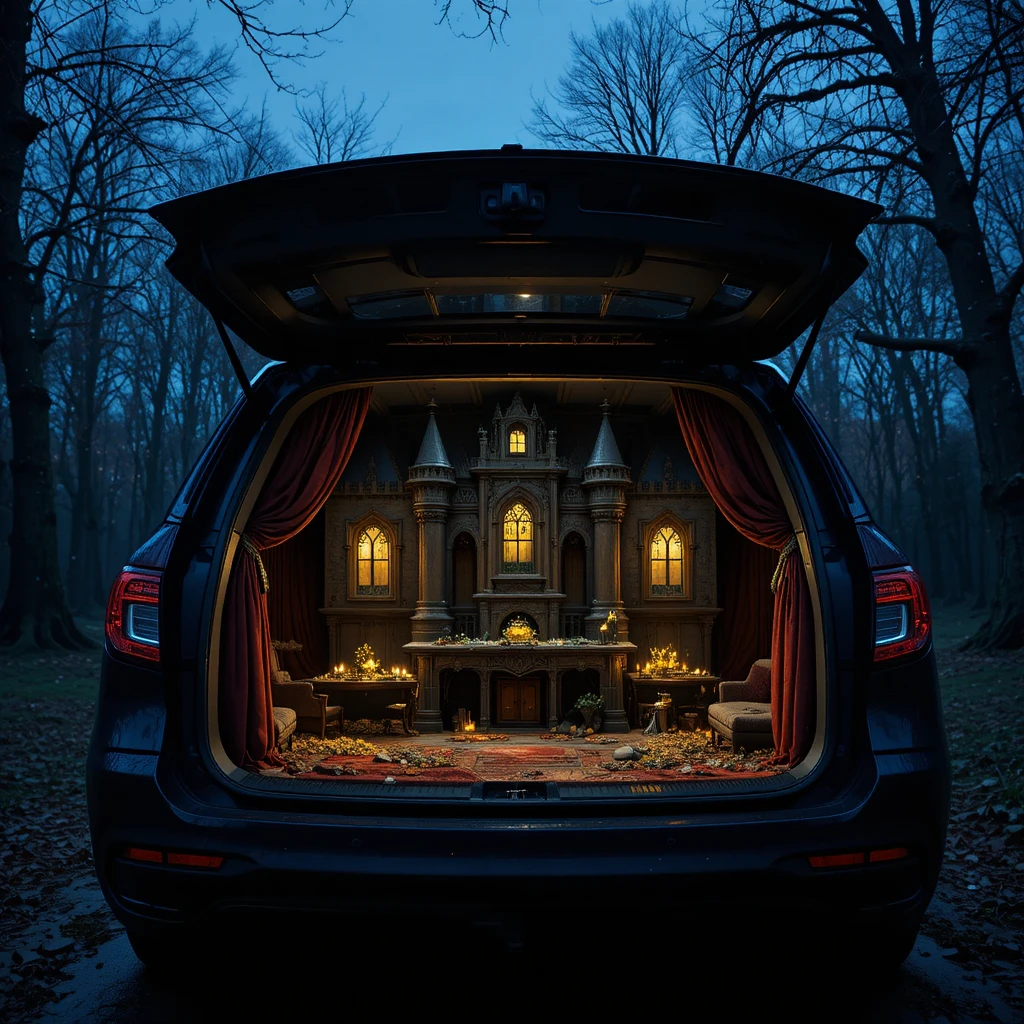 Miniature castle glowing inside a luxurious car trunk