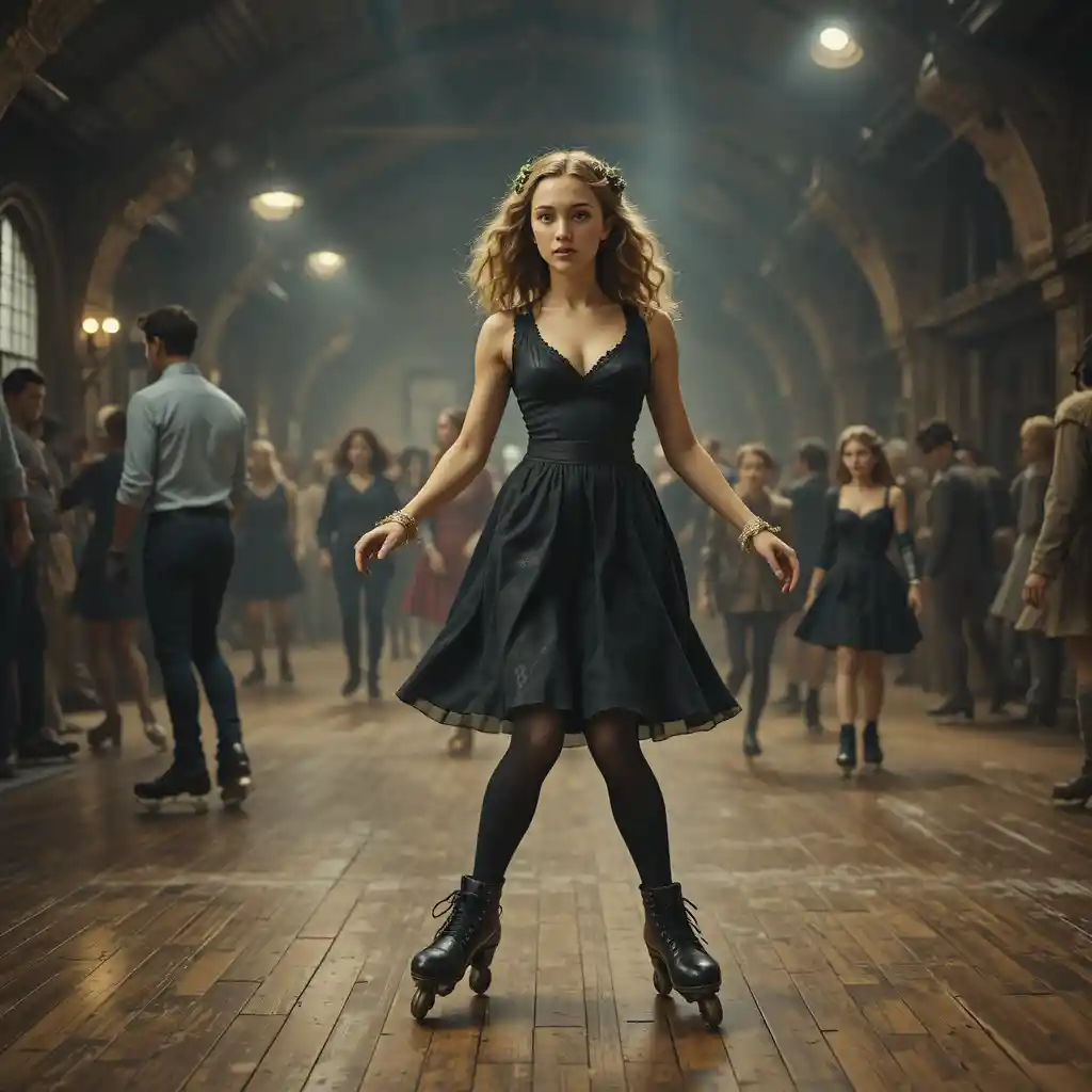 Edwardian teen girl roller skating in a busy indoor rink