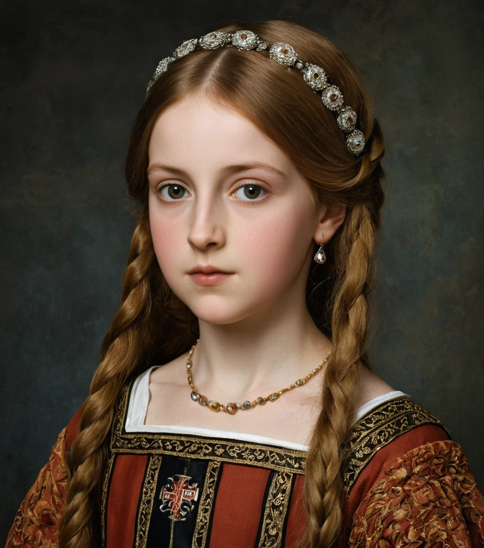 Renaissance portrait of a young Welsh girl in 1409 hairstyle