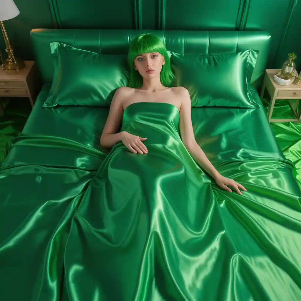 Woman with green hair lying on bright satin bed sheets