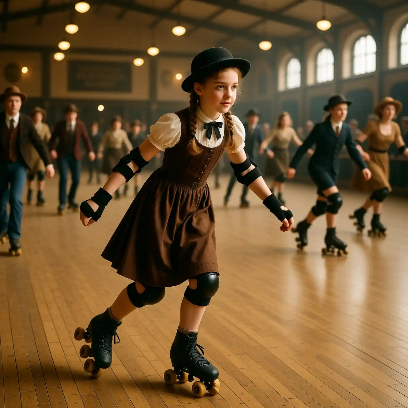 Edwardian teen girl roller skating in a crowded indoor rink