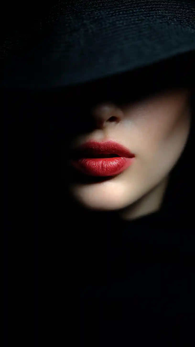Moody close up of woman in shadow with red lips