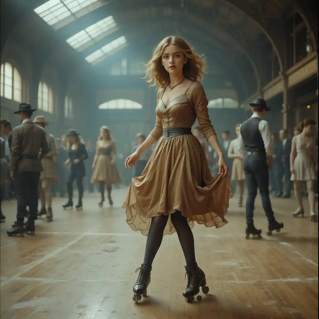 Edwardian teen girl roller skating in a busy indoor rink