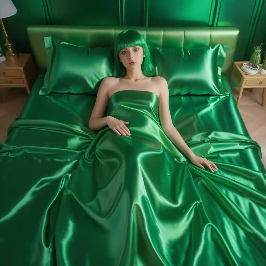 Woman with green hair lying on bright satin bed