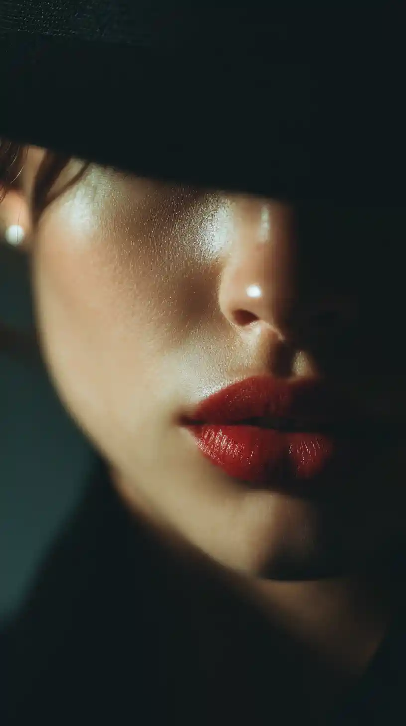 Close up of woman in shadow with red lipstick