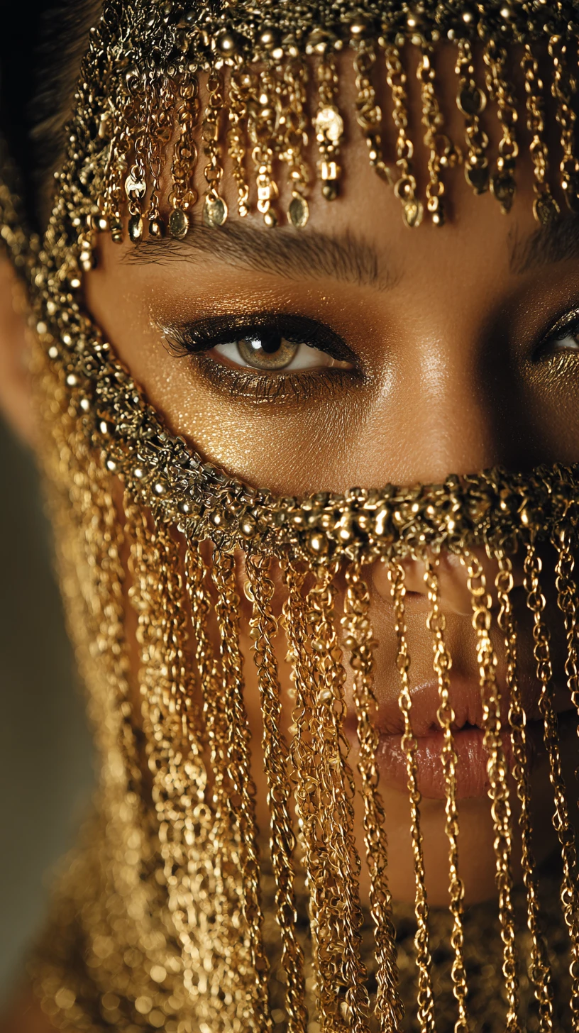 Mystical portrait of woman with golden veil jewelry