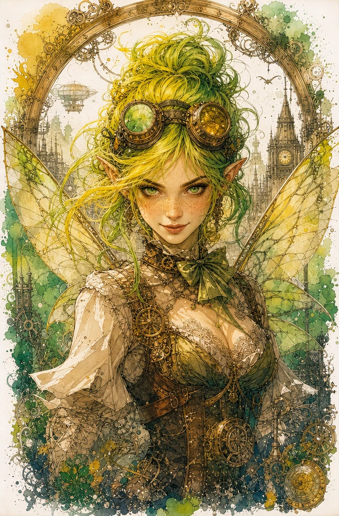 Steampunk fairy portrait with lime hair and brass goggles
