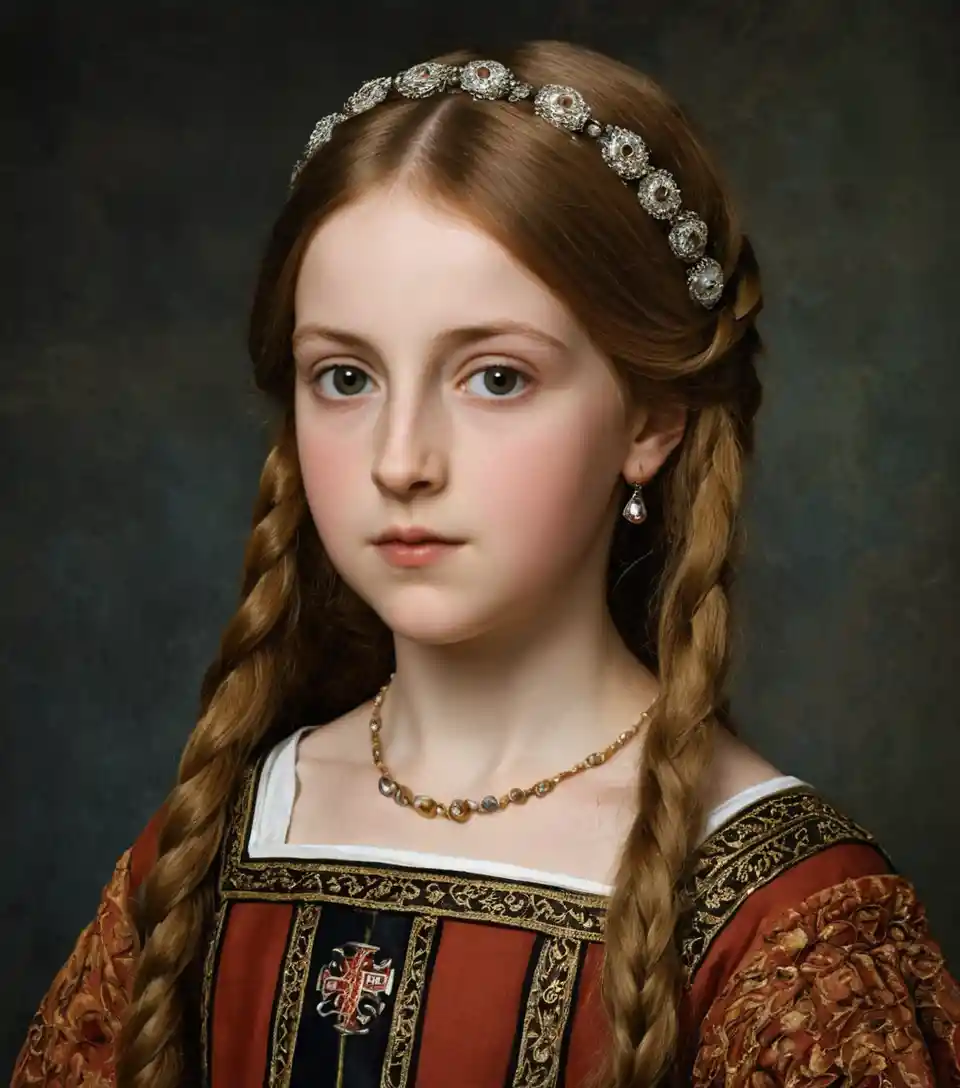 Renaissance portrait of a young Welsh girl in 1409 hairstyle