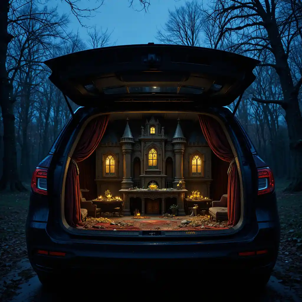 Miniature castle glowing inside a luxurious car trunk