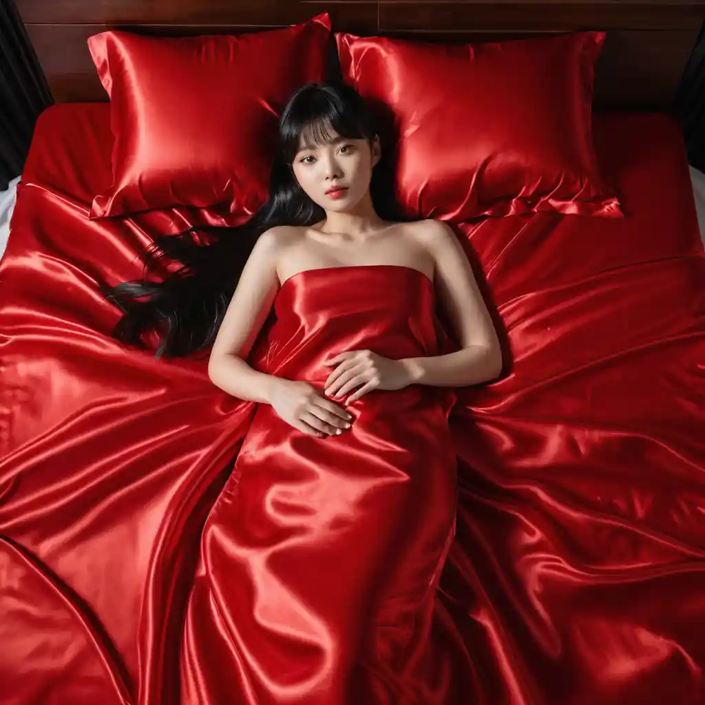 Beautiful woman lying on red satin bed sheets