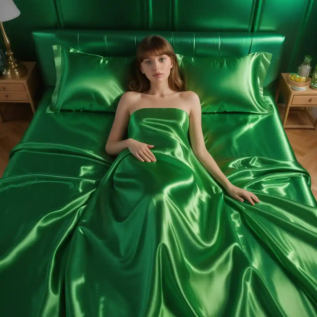 Woman lying on bright green satin bed sheets