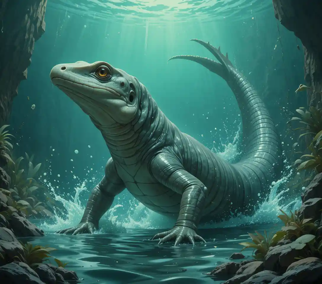 Giant salamander swimming in murky green underwater scene