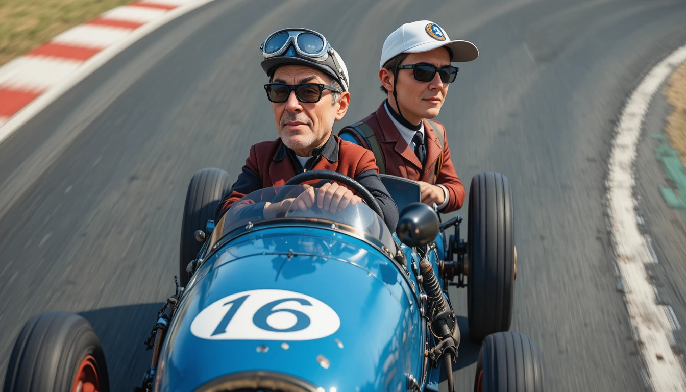 Vintage blue race car with two drivers on asphalt track