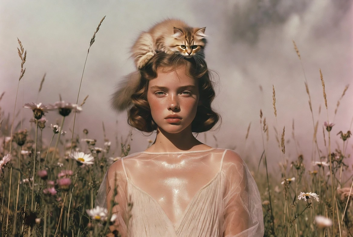 Fashion girl with a cat posing in a flower field
