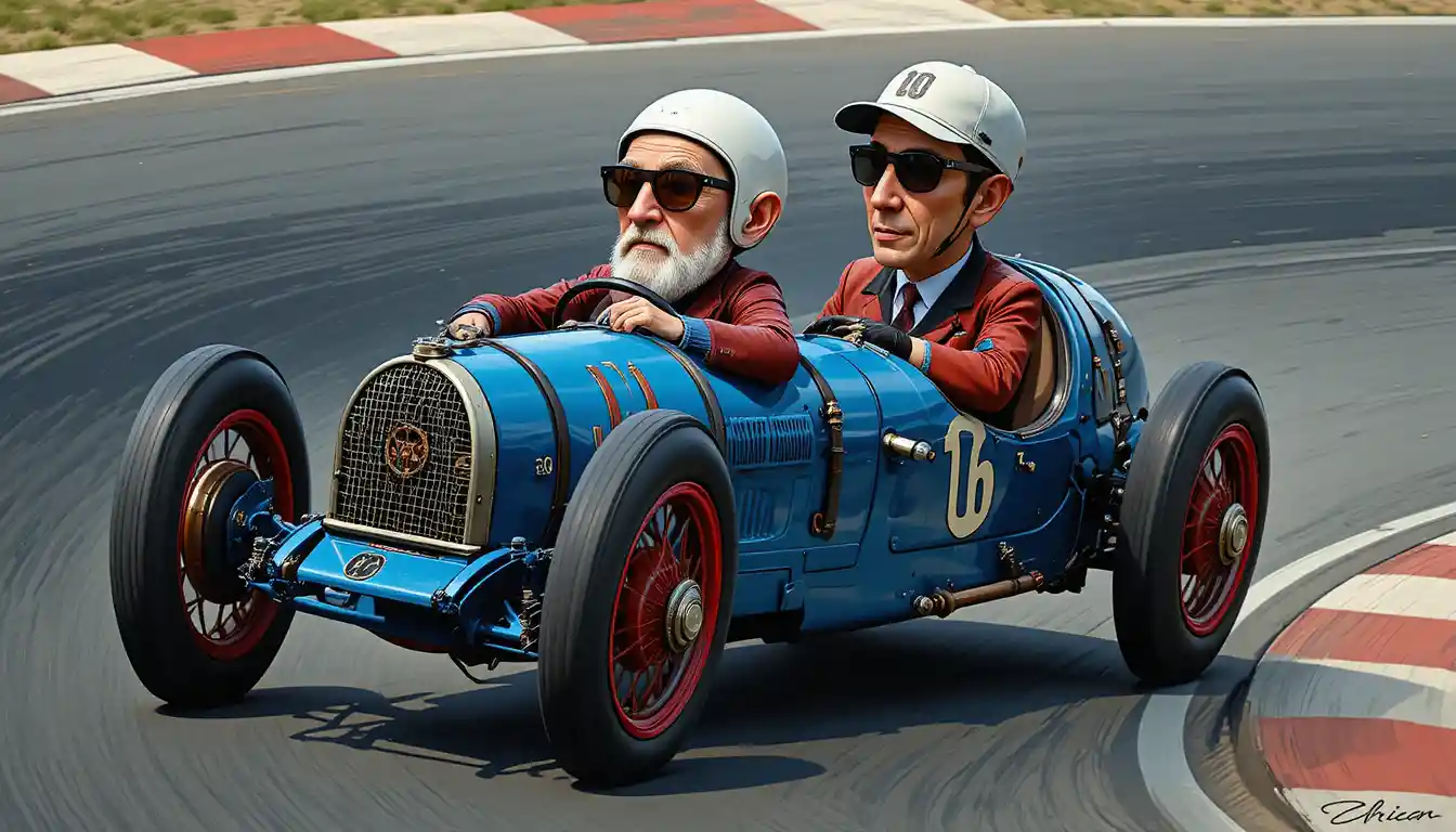 Älterer Fahrer im blauen Vintage-Rennwagen auf Asphaltstrecke