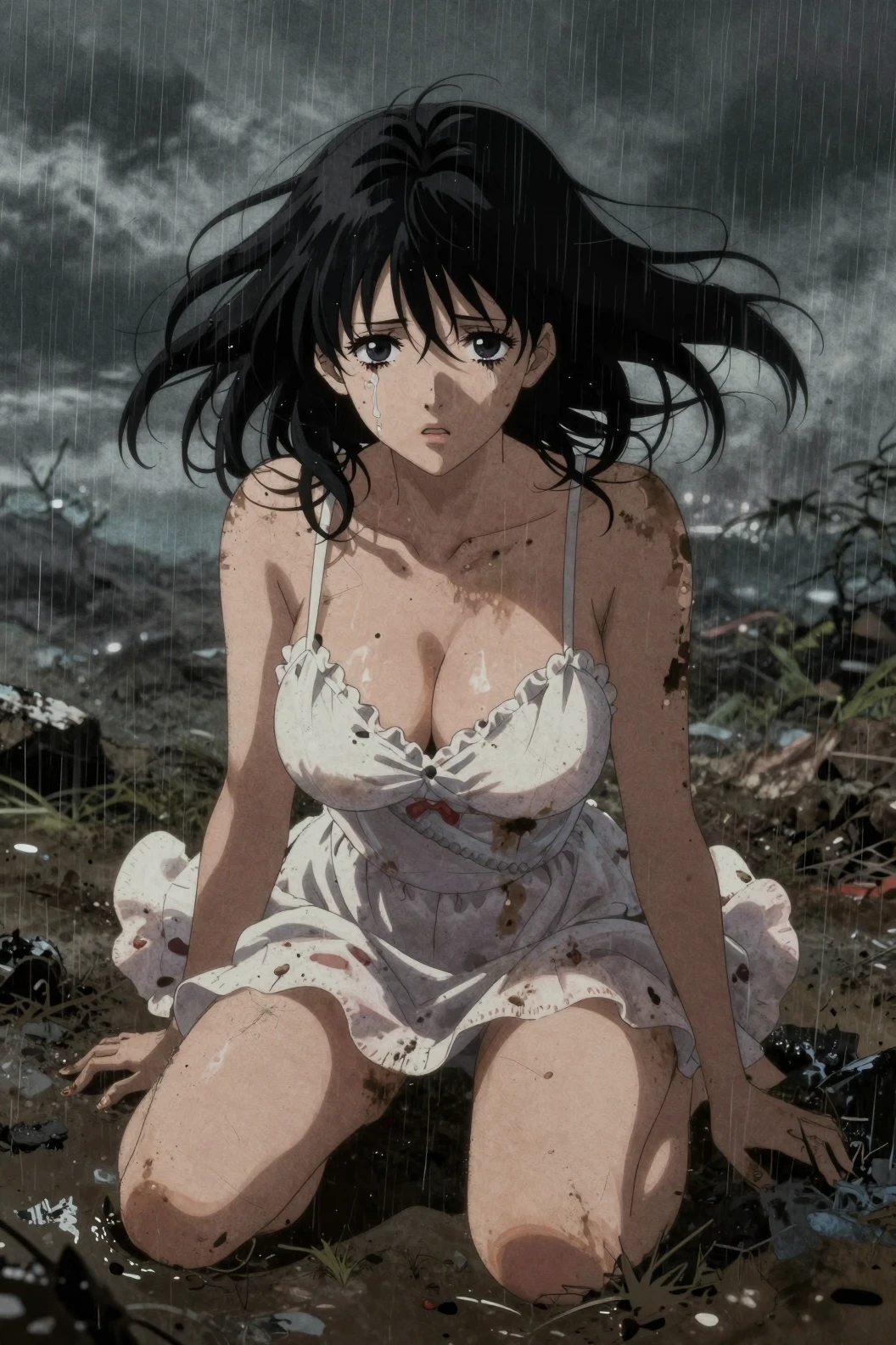 Abstract anime woman in cute dress amid gloomy landscape