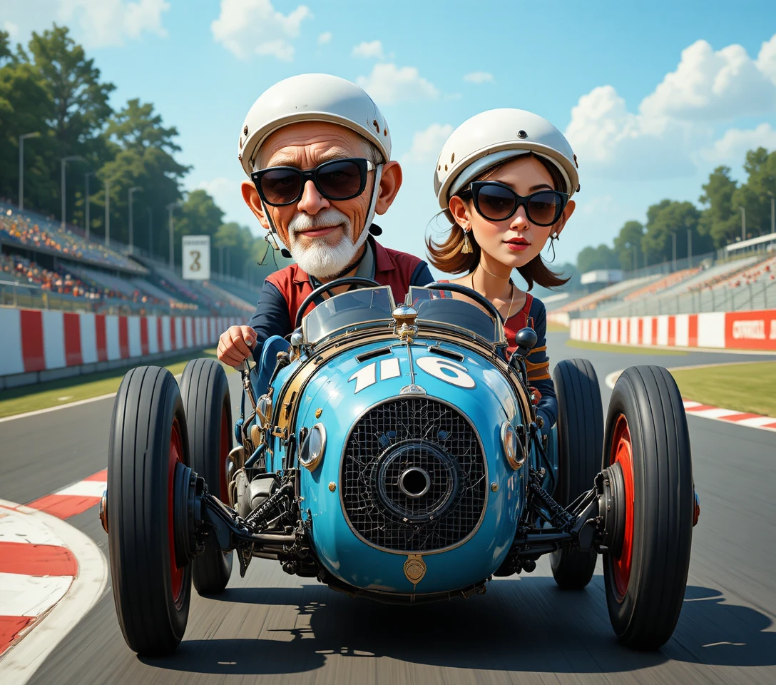 Vintage race car with two drivers on asphalt racetrack