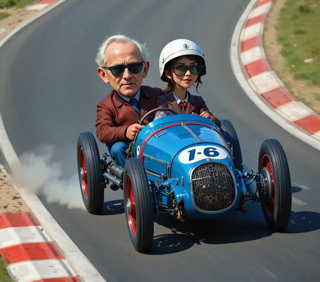 Autista anziano e donna in auto da corsa d’epoca blu