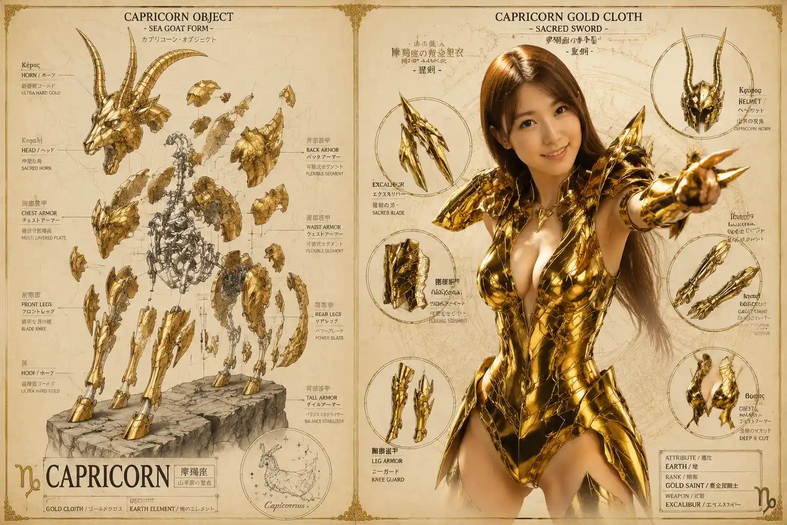 Female warrior in golden armor with technical schematic layout