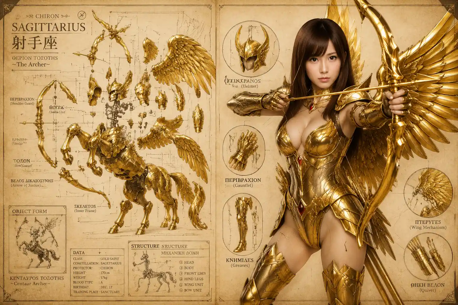 Female sagittarius warrior in golden armor schematic layout