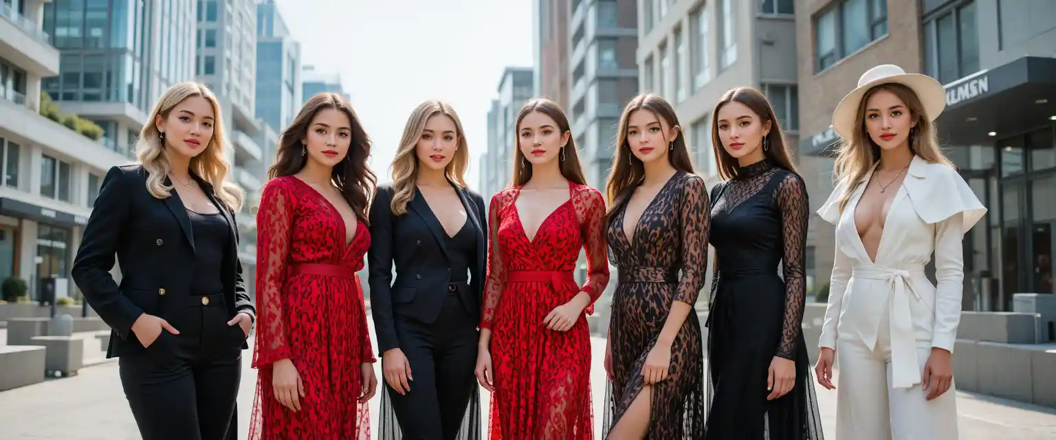 Seven stylish women posing together in an urban street